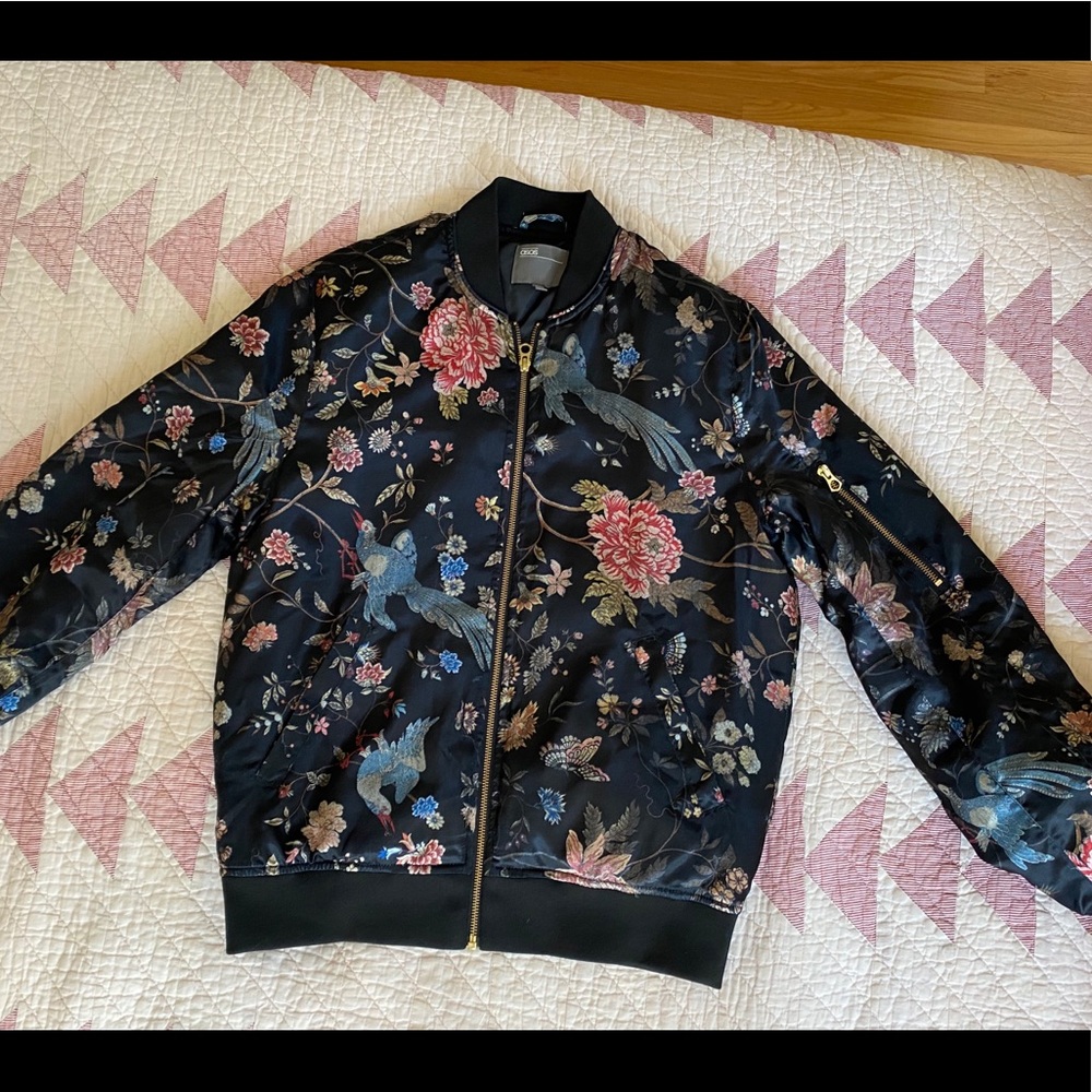 ASOS FLORAL PRINT BOMBER JACKET IN BLACK SILK